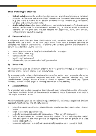 There are two types of rubrics
• Holistic rubrics score the students’ performance as a whole and combine a variety of
essential performance elements in order to determine the overall level of competency
(e.g. one rubric is used to assess several elements such as cooperation, participation,
fair play, and communication skills)
• Analytical rubrics outline essential elements so that student receives feedback on the
level of performance for each essential element (e.g., a separate rubric is used for
elements of fair play that includes respect for opponents, rules, and officials,
self-control and equitable playing)
d) Frequency indexes
A frequency index indicates how often various skills, behaviors and/or attitudes occur.
Teacher may use a class list to add check marks each time a student performs or
demonstrates a certain characteristic. For example, the students perform or demonstrate a
certain characteristics i.e., the student:
• properly performs an activity/ role situation in the class room;
• assist fair or unfair play;
• works well with others;
• is active or inactive; and
• follows safety procedures and school/ games rules.
e) Inventories
An inventory is given to student in order to find out prior knowledge, past experience,
abilities, and/ or current interest in an activity/ area.
An inventory can be either verbal (informal inventory) or written, and can consist of a series
of questions or statements requiring responses. For example, teacher may use
questionnaires, surveys, and/or a show of hands on specific topic areas (e.g., sports
interests, food intake and physical activity participation in leisure time).
f) Anecdotal Notes
An anecdotal note is a brief, narrative description of observations that provide information
regarding a student’s learning/ development/ behaviors/ needs. It captures observations
that might otherwise be lost.
Anecdotal recording can be time-consuming and therefore, requires an organized, efficient
approach. Teachers may find it helpful to use:
• a list of students for each class, divided into three columns: date, observation, planned
action.
• brief, focused and objective notes.
• codes for quick recording (e.g.) C-cooperation, FP-fair play, IA- inattentive)
• self – adhesive notes for comment forms that students fill out, including date, name,
and description of behavior (positive or negative). Notes can be placed on a class
record-keeping sheet.
• computer technology (e.g. software programs for creating class recording lists).
67
 
