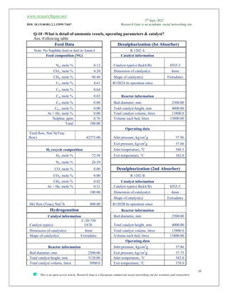 www.researchgate.net
5th
Sept, 2022
DOI: 10.13140/RG.2.2.15599.71847 Research Gate is an academic social networking site
20
This is an open access article, Research Gate is a European commercial social networking site for scientists and researchers
Q-10 -What is detail of ammonia vessels, operating parameters & catalyst?
Ans.-Following table
Feed Data Desulphurization (Ist Absorber)
Note: No Naphtha feed or fuel in Amm-I R 1202 A
Feed composition (NG) Catalyst information
N2, mole % 0.12 Catalyst type(s) BedA/B) HTZ-3
CO2, mole % 4.20 Dimension of catalyst(s) 4mm
CH4, mole % 90.40 Shape of catalyst(s) Extrudates
C2, mole % 4.61 R1202A In operation since
C3, mole % 0.64
C4, mole % 0.03 Reactor information
C5, mole % 0.00 Bed diameter, mm 2500.00
C6+, mole % 0.00 Total catalyst height, mm 4000.00
Ar + He, mole % 0.00 Total catalyst volume, litres 13800.0
Sulphur, ppm 0.76 Volume each bed, litres 13800.00
Total 100.00
Operating data
Feed flow, Nm3
/h(True
flow) 42373.00 Inlet pressure, kg/cm2
g 37.96
Exit pressure, kg/cm2
g 37.86
H2 recycle composition Inlet temperature, °C 380.3
H2, mole % 72.58 Exit temperature, °C 382.0
N2, mole % 26.29
CO, mole % 0.00 Desulphurization (2nd Absorber)
CO2, mole % 0.00 R 1202 B
CH4, mole % 0.82 Catalyst information
Ar + He, mole % 0.31 Catalyst type(s) BedA/B) HTZ-5
100.00 Dimension of catalyst(s) 4mm
Shape of catalyst(s) Extrudates
HG flow (True), Nm3
/h 800.00 R1202B In operation since
Hydrogenation Reactor information
Catalyst information Bed diameter, mm 2500.00
Catalyst type(s)
C-20-720
UCIL Total catalyst height, mm 4000.00
Dimension of catalyst(s) 4mm Total catalyst volume, litres 13800.0
Shape of catalyst(s) Extrudates Volume each bed, litres 13800.00
Operating data
Reactor information Inlet pressure, kg/cm2
g 37.86
Bed diameter, mm 2500.00 Exit pressure, kg/cm2
g 37.75
Total catalyst height, mm 3120.00 Inlet temperature, °C 382.0
Total catalyst volume, litres 8900.0 Exit temperature, °C 378.0
 