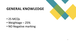 GENERAL KNOWLEDGE
2
• 25 MCQs
• Weightage – 25%
• NO Negative marking
 