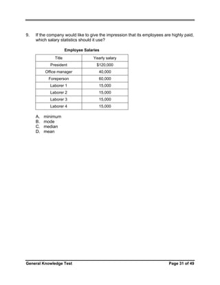 9.

If the company would like to give the impression that its employees are highly paid,
which salary statistics should it use?
Employee Salaries
Title
President

$120,000

Office manager

40,000

Foreperson

60,000

Laborer 1

15,000

Laborer 2

15,000

Laborer 3

15,000

Laborer 4

A.
B.
C.
D.

Yearly salary

15,000

minimum
mode
median
mean

General Knowledge Test

Page 31 of 49

 