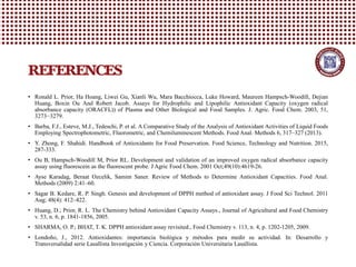 • Ronald L. Prior, Ha Hoang, Liwei Gu, Xianli Wu, Mara Bacchiocca, Luke Howard, Maureen Hampsch-Woodill, Dejian
Huang, Boxin Ou And Robert Jacob. Assays for Hydrophilic and Lipophilic Antioxidant Capacity (oxygen radical
absorbance capacity (ORACFL)) of Plasma and Other Biological and Food Samples. J. Agric. Food Chem. 2003, 51,
3273−3279.
• Barba, F.J., Esteve, M.J., Tedeschi, P. et al. A Comparative Study of the Analysis of Antioxidant Activities of Liquid Foods
Employing Spectrophotometric, Fluorometric, and Chemiluminescent Methods. Food Anal. Methods 6, 317–327 (2013).
• Y. Zhong, F. Shahidi. Handbook of Antioxidants for Food Preservation. Food Science, Technology and Nutrition. 2015,
287-333.
• Ou B, Hampsch-Woodill M, Prior RL. Development and validation of an improved oxygen radical absorbance capacity
assay using fluorescein as the fluorescent probe. J Agric Food Chem. 2001 Oct;49(10):4619-26.
• Ayse Karadag, Beraat Ozcelik, Samim Saner. Review of Methods to Determine Antioxidant Capacities. Food Anal.
Methods (2009) 2:41–60.
• Sagar B. Kedare, R. P. Singh. Genesis and development of DPPH method of antioxidant assay. J Food Sci Technol. 2011
Aug; 48(4): 412–422.
• Huang, D.; Prior, R. L. The Chemistry behind Antioxidant Capacity Assays., Journal of Agricultural and Food Chemistry
v. 53, n. 6, p. 1841-1856, 2005.
• SHARMA, O. P.; BHAT, T. K. DPPH antioxidant assay revisited., Food Chemistry v. 113, n. 4, p. 1202-1205, 2009.
• Londoño, J., 2012. Antioxidantes: importancia biológica y métodos para medir su actividad. In: Desarrollo y
Transversalidad serie Lasallista Investigación y Ciencia. Corporación Universitaria Lasallista.
REFERENCES
 