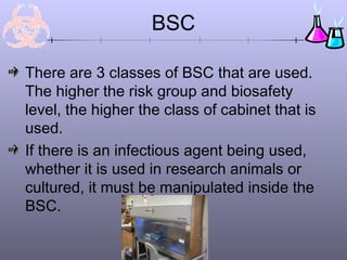 BSC
There are 3 classes of BSC that are used.
The higher the risk group and biosafety
level, the higher the class of cabinet that is
used.
If there is an infectious agent being used,
whether it is used in research animals or
cultured, it must be manipulated inside the
BSC.
 
