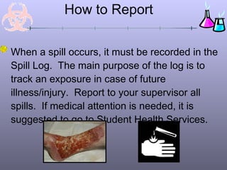 How to Report
When a spill occurs, it must be recorded in the
Spill Log. The main purpose of the log is to
track an exposure in case of future
illness/injury. Report to your supervisor all
spills. If medical attention is needed, it is
suggested to go to Student Health Services.
 