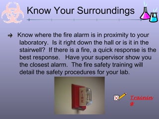 Know Your Surroundings
Know where the fire alarm is in proximity to your
laboratory. Is it right down the hall or is it in the
stairwell? If there is a fire, a quick response is the
best response. Have your supervisor show you
the closest alarm. The fire safety training will
detail the safety procedures for your lab.
Trainin
g
 