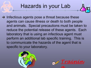 Infectious agents pose a threat because these
agents can cause illness or death to both people
and animals. Special precautions must be taken to
reduce the potential release of these agents. Each
laboratory that is using an infectious agent must
perform an additional lab specific training. This is
to communicate the hazards of the agent that is
specific to your laboratory.
Hazards in your Lab
Trainin
 