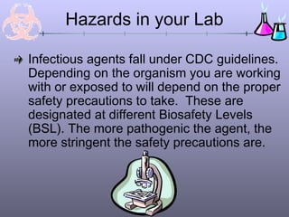 Infectious agents fall under CDC guidelines.
Depending on the organism you are working
with or exposed to will depend on the proper
safety precautions to take. These are
designated at different Biosafety Levels
(BSL). The more pathogenic the agent, the
more stringent the safety precautions are.
Hazards in your Lab
 