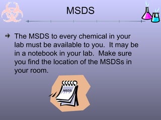 MSDS
The MSDS to every chemical in your
lab must be available to you. It may be
in a notebook in your lab. Make sure
you find the location of the MSDSs in
your room.
MSDS
 