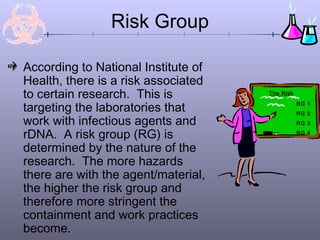 Risk Group
According to National Institute of
Health, there is a risk associated
to certain research. This is
targeting the laboratories that
work with infectious agents and
rDNA. A risk group (RG) is
determined by the nature of the
research. The more hazards
there are with the agent/material,
the higher the risk group and
therefore more stringent the
containment and work practices
become.
RG 1
RG 2
RG 3
RG 4
The Risk
 