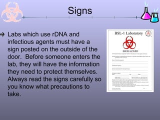Signs
Labs which use rDNA and
infectious agents must have a
sign posted on the outside of the
door. Before someone enters the
lab, they will have the information
they need to protect themselves.
Always read the signs carefully so
you know what precautions to
take.
BSL-1 Laboratory
BIOHAZARD
All Personal Protective Equipment shall be removed prior to leaving this work area.
Eating, drinking, smoking applying cosmetics or lip balm and handling contacts lenses area
prohibited in this work area.
Name of infectious agent(s):
__________________________________________________________________________________
__________________________________________________________________________________
Transmission route(s):
__________________________________________________________________________________
Special requirements for entering this area:
__________________________________________________________________________________
__________________________________________________________________________________
Emergency contacts
Name: ________________________________ Title: ______________ Phone: _______________
________________________________ _______________ _______________
________________________________ _______________ _______________
EH&S office (M-F 8-5) 646-3327 (after hours) 911.
__________________________________________________________________________________
*Biosafety Level 2 is similar to BSL-1 and is suitable for work involving agents of moderate potential
hazard to personnel and the environment. It differs from BSL-1 in that
1.Lab personnel have specific training in handling pathogenic agents and directed to competent scientist;
2. Access to the lab is limited when work is being conducted:
3. Extreme precautions are taken with contaminated sharp items and
4. Certain procedures in which infectious aerosols or splashes may be created are conducted in biological
safety cabinets or other physical containment equipment
New Mexico State University Date _______
Environmental Health & Safety
 