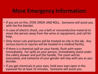 More Emergency Information:
• If you are on fire, STOP, DROP, AND ROLL. Someone will assist you
with the fire blanket.
• In case of electric shock, use a belt or nonconductive material to
move the person away from the wires or equipment, and call for
help.
• Only minor cuts and burns will be treated on-site in the lab. Any
serious burns or injuries will be treated in a medical facility.
• If there is a chemical spill on your hands, flush with water
immediately. For spills on your person, immediately stand under
the safety shower and pull the handle. The room will be
evacuated, and someone of your gender will stay with you as you
disrobe.
• If you get chemicals in your eyes, hold your eyes open in the
eyewash for at least 15 minutes. Someone will assist you.
 