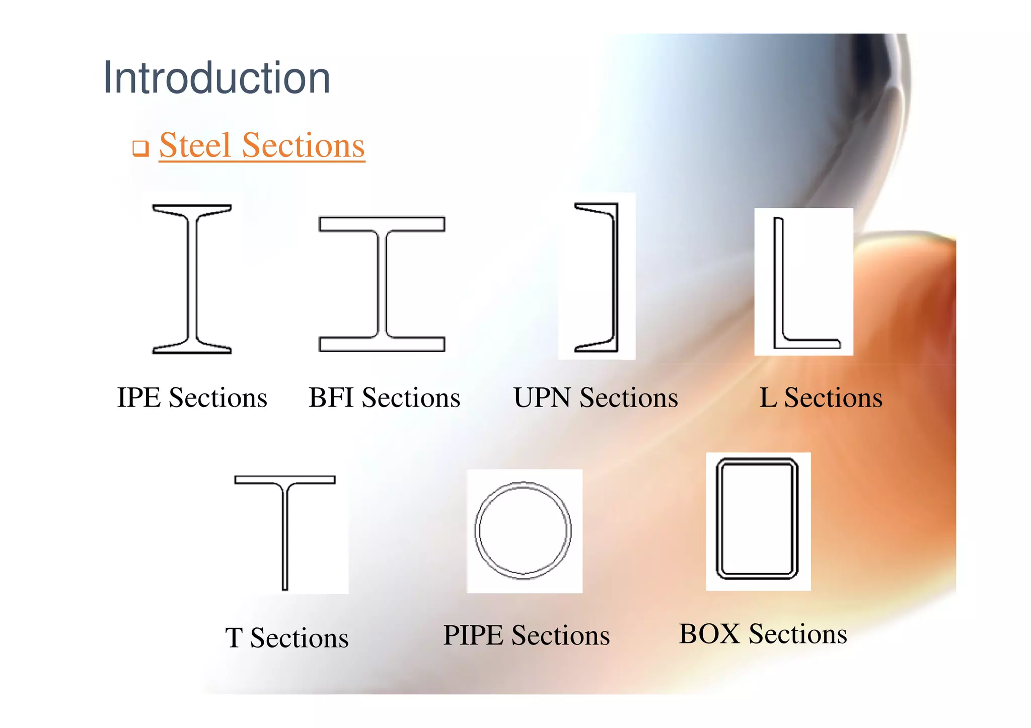Introduction
Steel Sections
IPE Sections BFI Sections UPN Sections L Sections
T Sections PIPE Sections BOX Sections
 