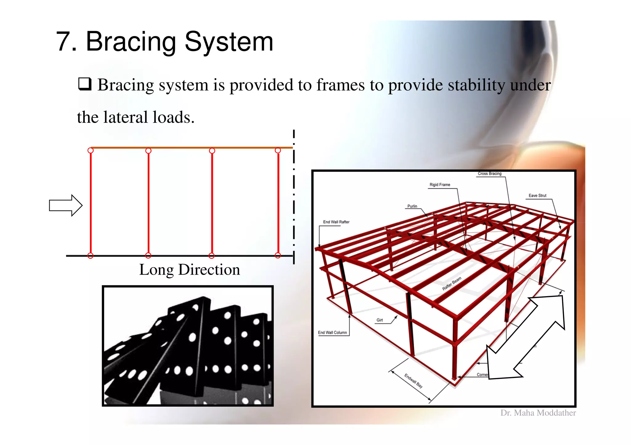 7. Bracing System
Bracing system is provided to frames to provide stability under
the lateral loads.
Dr. Maha Moddather
Long Direction
 