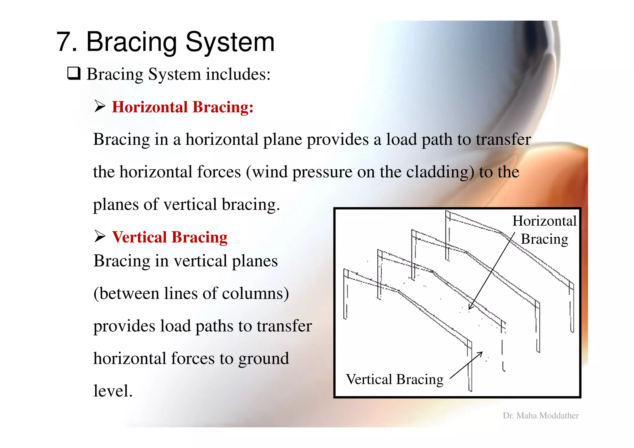 7. Bracing System
Bracing System includes:
Horizontal Bracing:
Bracing in a horizontal plane provides a load path to transfer
the horizontal forces (wind pressure on the cladding) to the
planes of vertical bracing.
Horizontal
Dr. Maha Moddather
Vertical Bracing
Horizontal
Bracing
Vertical Bracing
Bracing in vertical planes
(between lines of columns)
provides load paths to transfer
horizontal forces to ground
level.
 