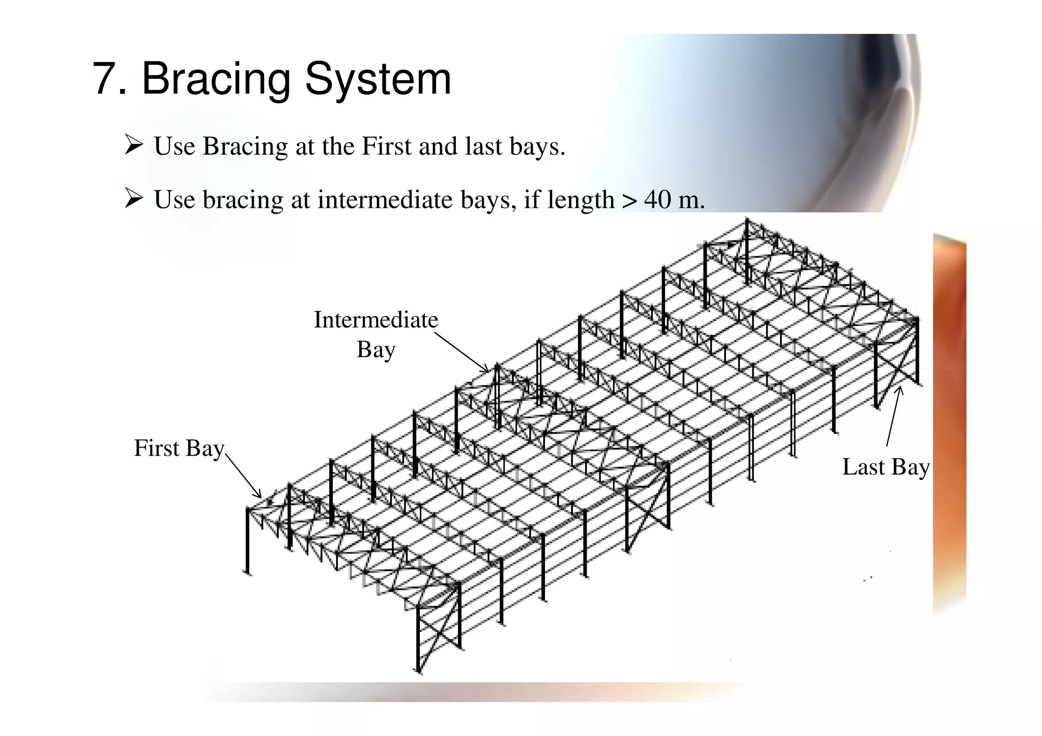 7. Bracing System
Use Bracing at the First and last bays.
Use bracing at intermediate bays, if length > 40 m.
Intermediate
Bay
First Bay
Last Bay
 
