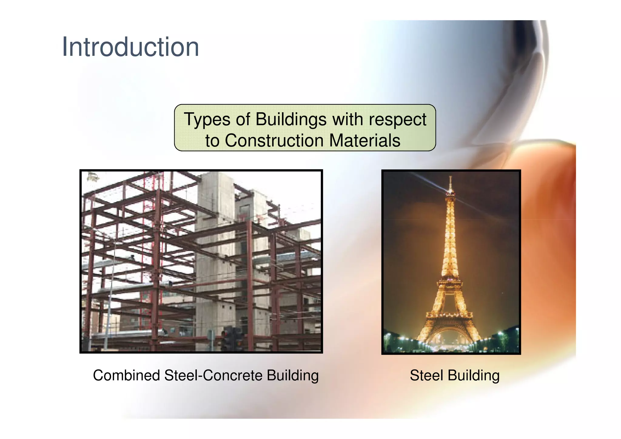 Introduction
Types of Buildings with respect
to Construction Materials
Steel BuildingCombined Steel-Concrete Building
 