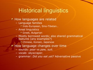 Historical linguistics How languages are related Language families Indo-European, Sino-Tibetan… Areal linguistics Greek, Bulgarian Mostly borrowed words; also shared grammatical features (any examples?) Chinese, Korean, Japanese  How language changes over time sounds:  poor  vs  paw, suit.  vocab:  skyscraper . grammar:  Did you eat yet?  Adversative passive 