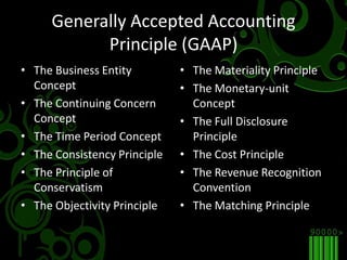Generally Accepted Accounting Principle (GAAP)The Business Entity ConceptThe Continuing Concern ConceptThe Time Period ConceptThe Consistency PrincipleThe Principle of ConservatismThe Objectivity PrincipleThe Materiality PrincipleThe Monetary-unit ConceptThe Full Disclosure PrincipleThe Cost PrincipleThe Revenue Recognition ConventionThe Matching Principle