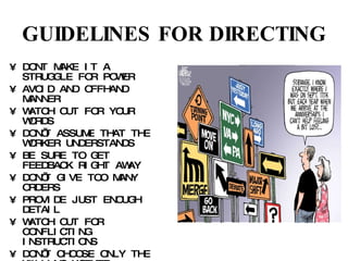 GUIDELINES FOR DIRECTING DONT MAKE IT A STRUGGLE FOR POWER AVOID AND OFFHAND MANNER WATCH OUT FOR YOUR WORDS DON’T ASSUME THAT THE WORKER UNDERSTANDS BE SURE TO GET FEEDBACK RIGHT AWAY DON’T GIVE TOO MANY ORDERS PROVIDE JUST ENOUGH DETAIL WATCH OUT FOR CONFLICTING INSTRUCTIONS DON’T CHOOSE ONLY THE WILLING WORKER TRY NOT TO PICK ON ANYONE ABOVE ALL DON’T PLAY THE “BIG SHOT” 
