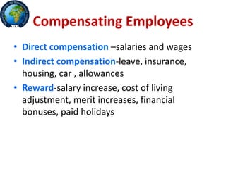 Compensating Employees
• Direct compensation –salaries and wages
• Indirect compensation-leave, insurance,
housing, car , allowances
• Reward-salary increase, cost of living
adjustment, merit increases, financial
bonuses, paid holidays
 
