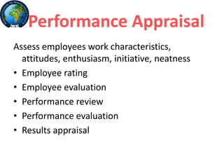 Performance Appraisal
Assess employees work characteristics,
attitudes, enthusiasm, initiative, neatness
• Employee rating
• Employee evaluation
• Performance review
• Performance evaluation
• Results appraisal
 
