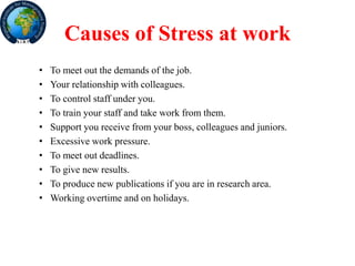Causes of Stress at work
• To meet out the demands of the job.
• Your relationship with colleagues.
• To control staff under you.
• To train your staff and take work from them.
• Support you receive from your boss, colleagues and juniors.
• Excessive work pressure.
• To meet out deadlines.
• To give new results.
• To produce new publications if you are in research area.
• Working overtime and on holidays.
 