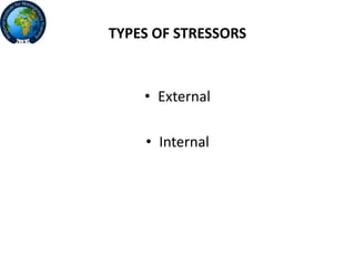 TYPES OF STRESSORS
• External
• Internal
 