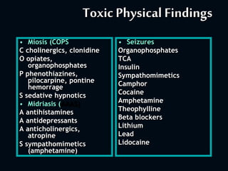 Toxic Physical Findings
• Miosis (COPS
C cholinergics, clonidine
O opiates,
organophosphates
P phenothiazines,
pilocarpine, pontine
hemorrage
S sedative hypnotics
• Midriasis (AAAS)
A antihistamines
A antidepressants
A anticholinergics,
atropine
S sympathomimetics
(amphetamine)
• Seizures
Organophosphates
TCA
Insulin
Sympathomimetics
Camphor
Cocaine
Amphetamine
Theophylline
Beta blockers
Lithium
Lead
Lidocaine
 