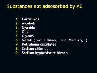 Substances not adsosorbed by AC
1. Corrosives
2. Alcohols
3. Cyanide
4. Oils
5. Glycols
6. Metals (Iron, Lithium, Lead, Mercury,..)
7. Petroleum distillates
8. Sodium chloride
9. Sodium hypochlorite bleach
 
