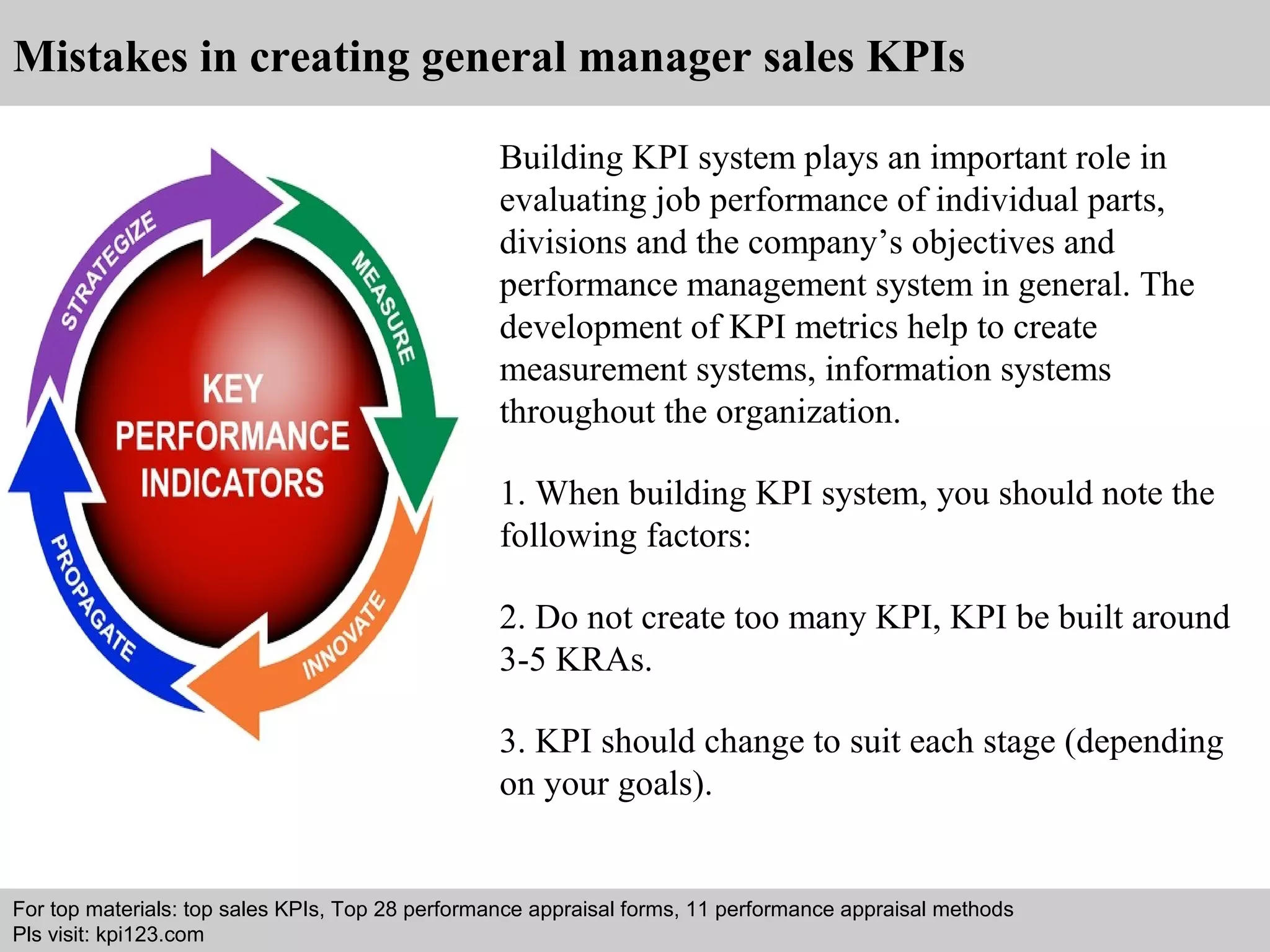Mistakes in creating general manager sales KPIs 
Building KPI system plays an important role in 
evaluating job performance of individual parts, 
divisions and the company’s objectives and 
performance management system in general. The 
development of KPI metrics help to create 
measurement systems, information systems 
throughout the organization. 
1. When building KPI system, you should note the 
following factors: 
2. Do not create too many KPI, KPI be built around 
3-5 KRAs. 
3. KPI should change to suit each stage (depending 
on your goals). 
For top materials: top sales KPIs, Top 28 performance appraisal forms, 11 performance appraisal methods 
Pls visit: kpi123.com 
Interview questions and answers – free download/ pdf and ppt file 
 
