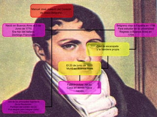 Manuel José Joaquín del Corazón de Jesús Belgrano . Nació en Buenos Aires el 3 de Junio de 1770. Era hijo del italiano Domingo Francisco. Belgrano viajo a España en 1786 Para estudiar en la universidad Regreso a Buenos Aires en 1794 Uno de los principales fogoneros De la Revolución . Participó del Cabildo del 22. Fue elegido para integrar como Vocal la Primera Junta Creó la escarapela y la bandera propia El 20 de junio de 1820 Murió en Buenos Aires Fallece pobre , en su Casa en donde había nacido