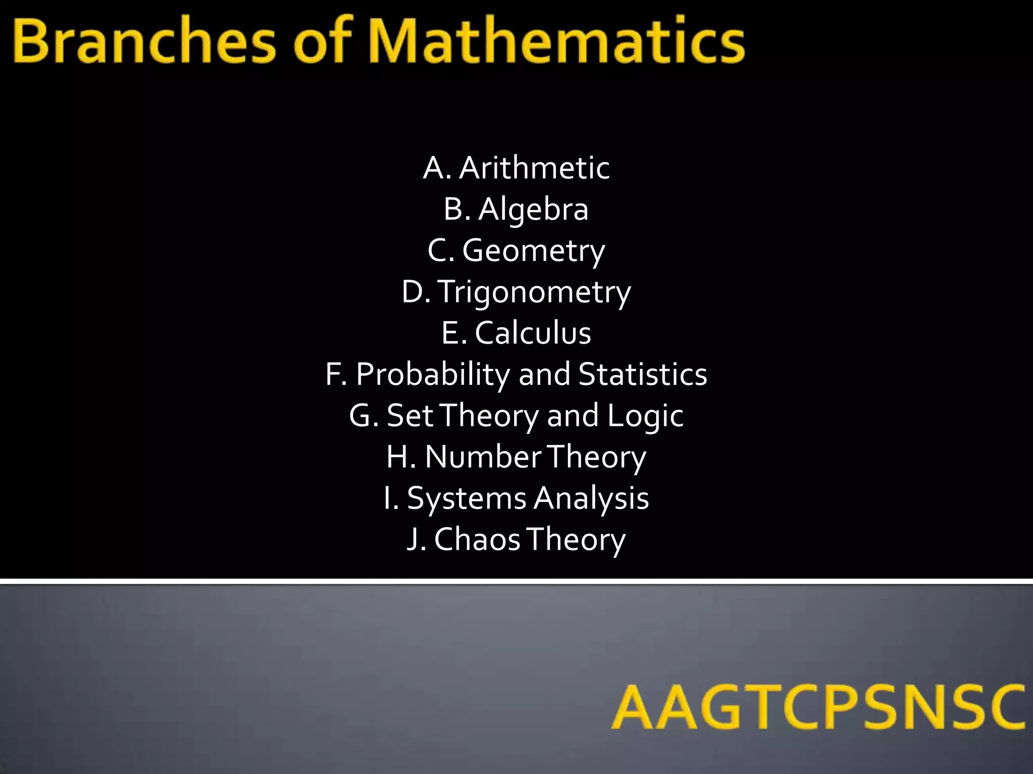 A. Arithmetic
           B. Algebra
          C. Geometry
       D. Trigonometry
           E. Calculus
F. Probability and Statistics
  G. Set Theory and Logic
     H. Number Theory
     I. Systems Analysis
        J. Chaos Theory
 
