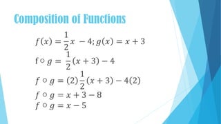 Composition of Functions
𝑓 𝑥 =
1
2
𝑥 − 4; 𝑔 𝑥 = 𝑥 + 3
f ○ 𝑔 =
1
2
𝑥 + 3 − 4
𝑓 ○ 𝑔 = 2
1
2
𝑥 + 3 − 4 2
𝑓 ○ 𝑔 = 𝑥 + 3 − 8
𝑓 ○ 𝑔 = 𝑥 − 5
 