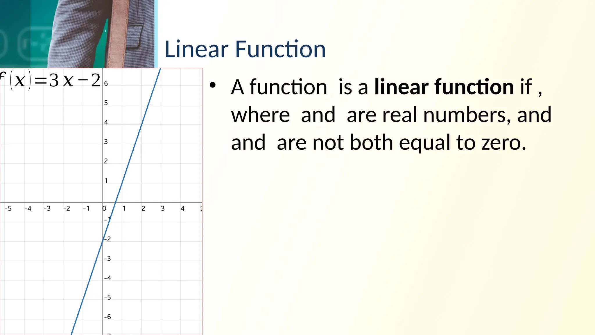 Linear Function
• A function is a linear function if ,
where and are real numbers, and
and are not both equal to zero.
𝑓 (𝑥)=3 𝑥−2
 