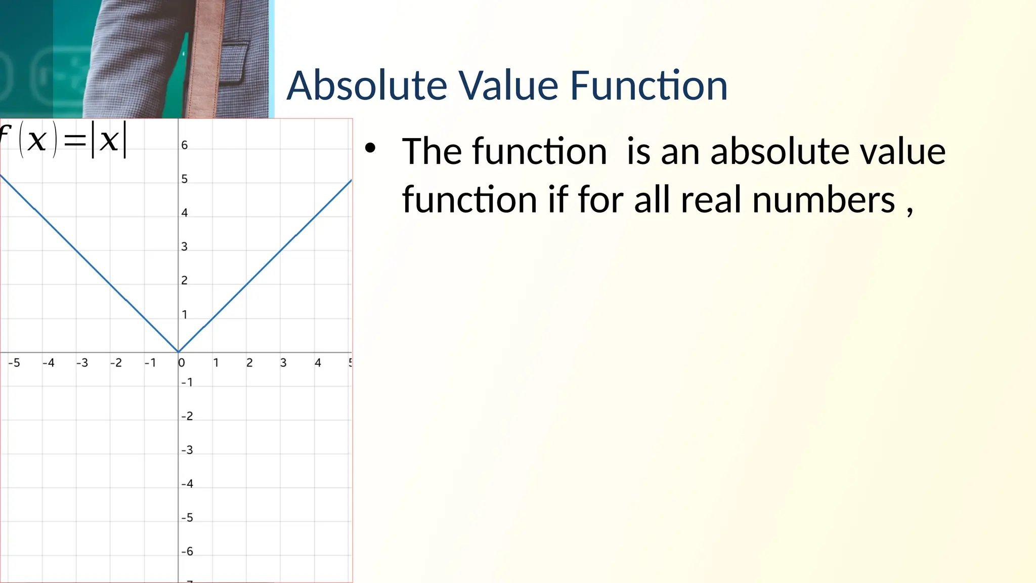 Absolute Value Function
• The function is an absolute value
function if for all real numbers ,
𝑓 (𝑥)=|𝑥|
 