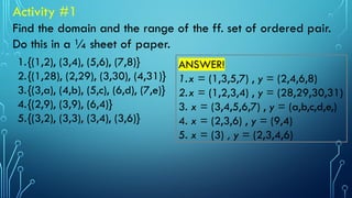 Activity #1
Find the domain and the range of the ff. set of ordered pair.
Do this in a ¼ sheet of paper.
1.{(1,2), (3,4), (5,6), (7,8)}
2.{(1,28), (2,29), (3,30), (4,31)}
3.{(3,a), (4,b), (5,c), (6,d), (7,e)}
4.{(2,9), (3,9), (6,4)}
5.{(3,2), (3,3), (3,4), (3,6)}
ANSWER!
1.x = (1,3,5,7) , y = (2,4,6,8)
2.x = (1,2,3,4) , y = (28,29,30,31)
3. x = (3,4,5,6,7) , y = (a,b,c,d,e,)
4. x = (2,3,6) , y = (9,4)
5. x = (3) , y = (2,3,4,6)
 