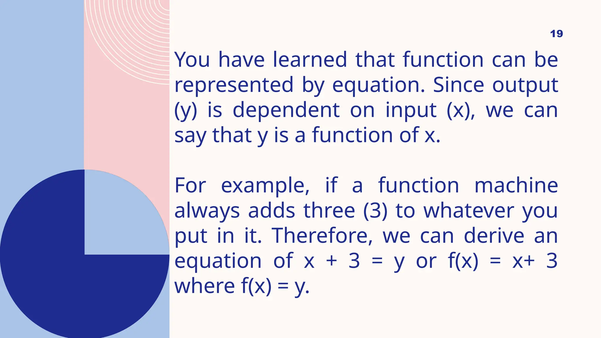19
You have learned that function can be
represented by equation. Since output
(y) is dependent on input (x), we can
say that y is a function of x.
For example, if a function machine
always adds three (3) to whatever you
put in it. Therefore, we can derive an
equation of x + 3 = y or f(x) = x+ 3
where f(x) = y.
 
