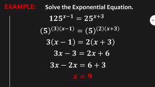 40
EXAMPLE: Solve the Exponential Equation.
𝟐 𝟑𝒙
= 𝟏𝟔 𝟏−𝒙
𝟐 𝟑𝒙 = 𝟐 𝟒 𝟏−𝒙 𝟑𝒙 = 𝟒 𝟏 − 𝒙
𝟑𝒙 = 𝟒 − 𝟒𝒙 𝟑𝒙 + 𝟒𝒙 = 𝟒
𝟕𝒙 = 𝟒 𝒙 =
𝟒...