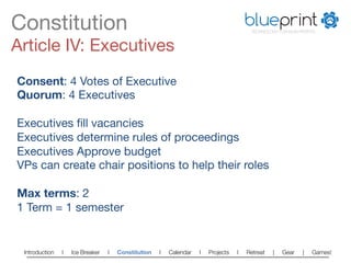 Constitution
                                                                          blueprint
                                                                                        TECHNOLOGY FOR NON-PROFITS



Article IV: Executives
Consent: 4 Votes of Executive
Quorum: 4 Executives

Executives ﬁll vacancies
Executives determine rules of proceedings
Executives Approve budget
VPs can create chair positions to help their roles

Max terms: 2
1 Term = 1 semester


 Introduction   l   Ice Breaker   l   Constitution   l   Calendar   l   Projects   l   Retreat   |   Gear   |   Games!   
 