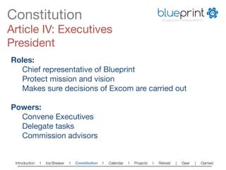 Constitution
                                                                          blueprint
                                                                                        TECHNOLOGY FOR NON-PROFITS



Article IV: Executives
President
Roles:
  
Chief representative of Blueprint
  
Protect mission and vision
  
Makes sure decisions of Excom are carried out

Powers: 
  
Convene Executives
  
Delegate tasks
  
Commission advisors


 Introduction   l   Ice Breaker   l   Constitution   l   Calendar   l   Projects   l   Retreat   |   Gear   |   Games!   
 