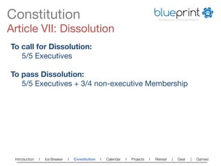 Constitution
                                                                          blueprint
                                                                                        TECHNOLOGY FOR NON-PROFITS



Article VII: Dissolution
To call for Dissolution:
  
5/5 Executives

To pass Dissolution:
  
5/5 Executives + 3/4 non-executive Membership




 Introduction   l   Ice Breaker   l   Constitution   l   Calendar   l   Projects   l   Retreat   |   Gear   |   Games!   
 