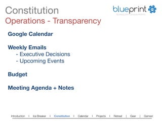 Constitution
                                                                          blueprint
                                                                                        TECHNOLOGY FOR NON-PROFITS



Operations - Transparency
Google Calendar

Weekly Emails
  
- Executive Decisions
  
- Upcoming Events

Budget

Meeting Agenda + Notes



 Introduction   l   Ice Breaker   l   Constitution   l   Calendar   l   Projects   l   Retreat   |   Gear   |   Games!   
 