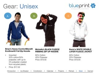 Gear: Unisex
                                                                                                                             blueprint
                                                                                                                                                TECHNOLOGY FOR NON-PROFITS




     A.	
                                                        B.	
                                                                  C.	
  


                                                                                       blueprint
                                                                                       TECHNOLOGY FOR NON-PROFITS

                                                                                                                                                               blueprint
                    blueprint
                        TECHNOLOGY FOR NON-PROFITS
                                                                                                                                                               TECHNOLOGY FOR NON-PROFITS




Brian’s Hanes ComfortBlend®                                          Michelle’s BLACK FLEECE                                              Kevin’s WHITE DOUBLE
EcoSmart® Full Zip Hoodie
                                           RIBBING ZIP UP HOODIE 
                                              LAYER FLEECE JACKET!
•        Imported"                                                   60% Cotton
                                                          80% Cotton
         50% cotton/50%                                              40% Polyester
                                                       20% Polyester
         polyester, with up to                                       Price: $19.00 
                                                      Price: $19.00 
         5% polyester created
         from recycled plastic
•        Price: $17.02 
     Introduction   l                          Ice Breaker   l   Constitution   l   Calendar                        l   Projects   l     Retreat       |   Gear                             |   Games!   
 