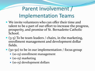 Parent Involvement /
         Implementation Teams
 We invite volunteers who can offer their time and
  talent to be a part of our effort to increase the progress,
  prosperity, and promise of St. Bernadette Catholic
  School.
 (3-5) To be team leaders / chairs, in the marketing,
  enrollment management and development dollar
  fields.
 (30-50) to be in our implementation / focus group
   (10-15) enrollment management
   (10-15) marketing
   (10-15) development dollars
 