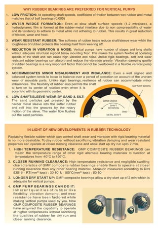 WHY RUBBER BEARINGS ARE PREFERRED FOR VERTICAL PUMPS
1.

LOW FRICTION: At operating shaft speeds, coefficient of friction between wet rubber and metal
matches that of ball bearings (0.005)

2.

WATER WEDGE FORMATI ON: Even at slow shaft surface speeds (1.2 mtrs/sec), a
hydrodynamic film is formed at the rubber-metal interface due to non compressibility of water
and its tendency to adhere to metal while not adhering to rubber. This results in great reduction
of friction, wear and heat.

3.

WEAR RESISTANT RUBBER: The softness of rubber helps reduce shaft/sleeve wear while the
toughness of rubber protects the bearing itself from wearing off.

4.

REDUCTION IN VIBRATION & NOISE: Vertical pumps have number of stages and long shafts
without adequate structural support below mounting floor. This makes the system flexible at operating
speeds of the shaft and can cause high vibration and noise. Unlike rigid bearings, soft and wear
resistant rubber bearings can absorb and reduce the vibration greatly. Vibration damping quality
of rubber bearings is a very important factor that cannot be overlooked in a flexible vertical pump
system.

5.

ACCOMMODATES MINOR MISALIGNMENT AND IMBALANCE: Even a well aligned and
balanced system tends to loose its balance over a period of operation on account of the uneven
wear of movable parts. Unlike rigid bearings, resilience of rubber can accommodate minor
imbalances. The flexibility of rubber also permits the shaft
GMP PUMP BEARING
to turn on its center of rotation even when it is
eccentric with its geometric center.

6.

LOW SHAFT/SLEEVE WEAR BY SAND & SILT:
The sand particles get pressed by the
harder metal sleeve into the softer rubber
and roll into the grooves by the rotary
motion of the sleve. The water flow flushes
out the sand particles.

WATER GROOVE

SHAFT
ROTATION
SAND

METAL SHAFT

IN LIGHT OF NEW DEVELOPMENTS IN RUBBER TECHNOLOGY
Replacing flexible rubber which can control shaft wear and vibration with rigid bearing material
is no more desirable. To day rubber without sacrificing vibration damping and wear resistant
properties can operate at closer running clearance and allow start up dry run upto 2 min.
1.

HIGH TEMPERATURE RESISTANCE: GMP COMPOSITE RUBBER BEARINGS can
match the temperature range of other rigid alternate bearing materials to function at
temperatures from -40°C to 150°C.

2. CLOSER RUNNING CLEARANCE: High temperature resistance and negligible swelling
characteristics of GMP composite rubber bearings enable them to operate at closer
running clearance than any other bearing material. Abrasion measured according to DIN
53516 - RT(mm3 loss) : 30-80 & 150°C(mm3 loss) : 50-80.
3. LONGER DRY START UP: GMP composite bearings allow a dry start up of 2 min which is
adequate for vertical pumps.
4. G M P P U M P B E A R I N G S C A N D O I T :
Inherent qualities of rubber like
flexibility, vibration damping, and wear
r e s i s t a n c e h a v e b e e n factored while
making vertical pumps used by you. Now
GMP COMPOSITE RUBBER BEARINGS
have acquired the capability to operate
at higher temperatures without sacrificing
the qualities of rubber for dry run and
closer running clearance.

 