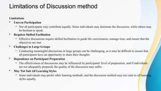 Limitations of Discussion method
Limitations
• Uneven Participation
– Not all participants may contribute equally. Some individuals may dominate the discussion, while others may
be hesitant to speak.
• Requires Skilled Facilitation
– Effective discussions require skilled facilitation to guide the conversation, manage time, and ensure that the
objectives are met.
• Challenges in Large Groups
– Conducting meaningful discussions in large groups can be challenging, as it may be difficult to ensure that
all participants have an opportunity to share their thoughts.
• Dependence on Participant Preparation
– The effectiveness of discussions may be influenced by participants' level of preparation, and if individuals
are not adequately prepared, the quality of the discussion may suffer.
• May Not Suit All Learning Styles
– Some individuals may prefer other learning methods, and the discussion method may not cater to all learning
styles equally.
 