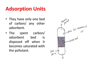 Adsorption Units
• They have only one bed
of carbon/ any other
adsorbent.
• The spent carbon/
adsorbent bed is
disposed off when it
becomes saturated with
the pollutant.
 