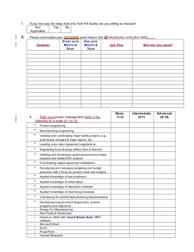 General Manager Or Plant manager prescreening questionnaire