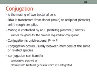 108
Conjugation
• is the mating of two bacterial cells
• DNA is transferred from donor (male) to recipient (female)
cell through sex pilus
• Mating is controlled by an F (fertility) plasmid (F factor)
carries the genes for the proteins required for conjugation
• Conjugation is unidirectional F+ → F-
• Conjugation occurs usually between members of the same
or related species
• conjugation can transfer
conjugative plasmid or
plasmid with bacterial genes to which it is integrated
 