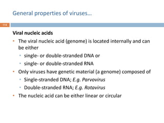 General properties of viruses…
115
Viral nucleic acids
• The viral nucleic acid (genome) is located internally and can
be either
• single- or double-stranded DNA or
• single- or double-stranded RNA
• Only viruses have genetic material (a genome) composed of
• Single-stranded DNA; E.g. Parvovirus
• Double-stranded RNA; E.g. Rotavirus
• The nucleic acid can be either linear or circular
 