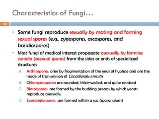 Characteristics of Fungi…
142
• Some fungi reproduce sexually by mating and forming
sexual spores (e.g., zygospores, ascospores, and
basidiospores)
• Most fungi of medical interest propagate asexually by forming
conidia (asexual spores) from the sides or ends of specialized
structures
A. Arthrospores: arise by fragmentation of the ends of hyphae and are the
mode of transmission of Coccidioides immitis
B. Chlamydospores: are rounded, thick-walled, and quite resistant
C. Blastospores: are formed by the budding process by which yeasts
reproduce asexually
D. Sporangiospores: are formed within a sac (sporangium)
 